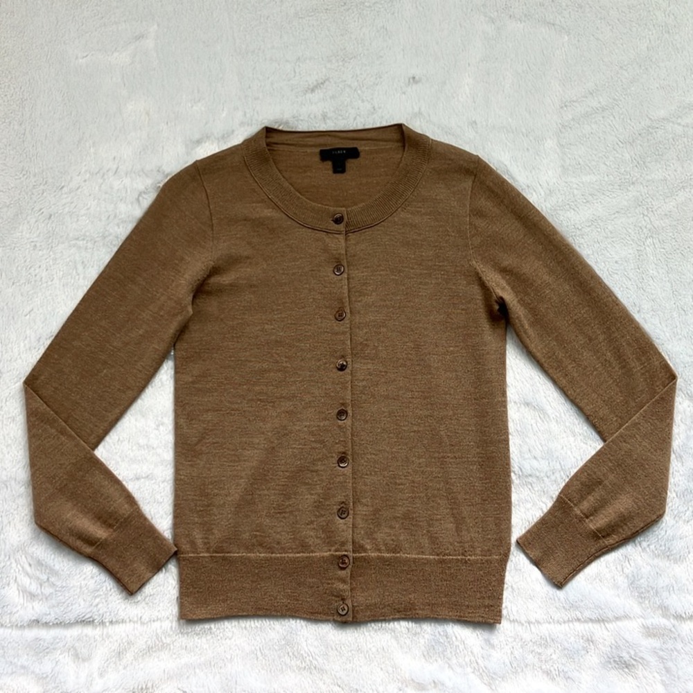 Like New J Crew Tan Camel Classic Minimalist Merino Wool Cardigan Sweater, XS